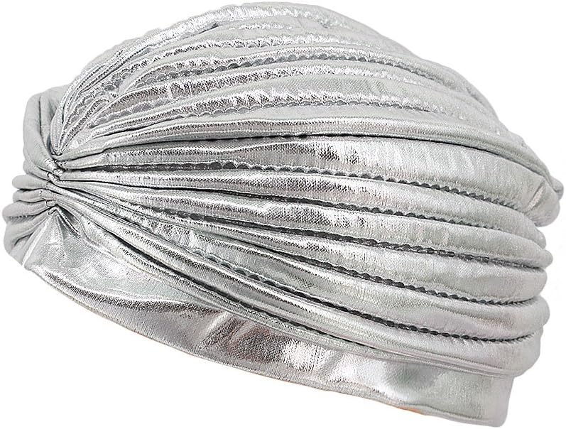 Surkat Store Unisex Metallic Arab India Pleated Turban Headwrap Swami Hat Costume Hat Chemo Cap - Image 3